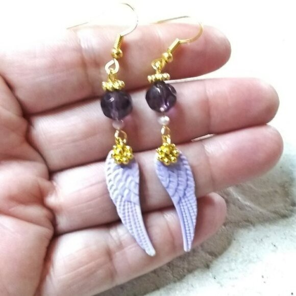 Purple, Lilac + Gold! Angel Wings Dangle Earrings! Patina Painted Wings - Picture 3 of 7